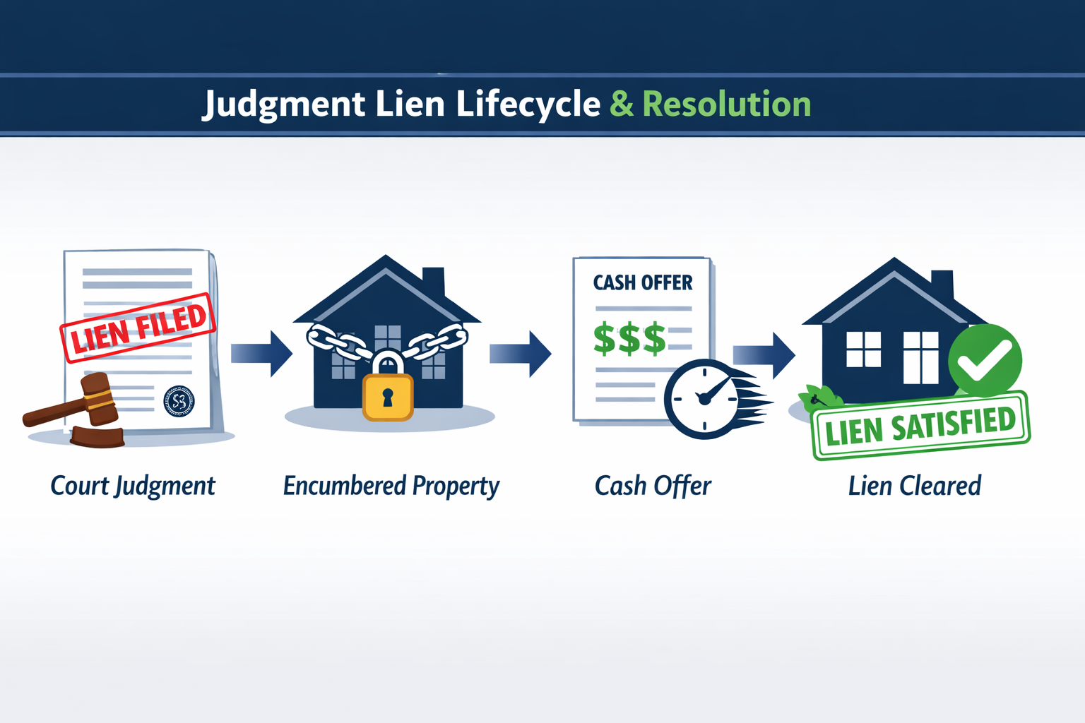Detailed infographic-style landscape image (1536x1024) showing judgment lien lifecycle and resolution process. Visual flow chart with four c