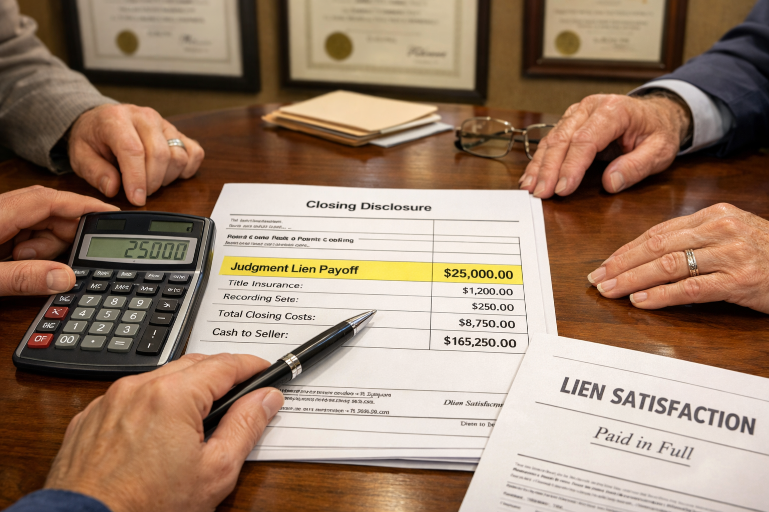 Professional landscape photograph (1536x1024) depicting closing table scene with multiple parties reviewing settlement statement documents. 