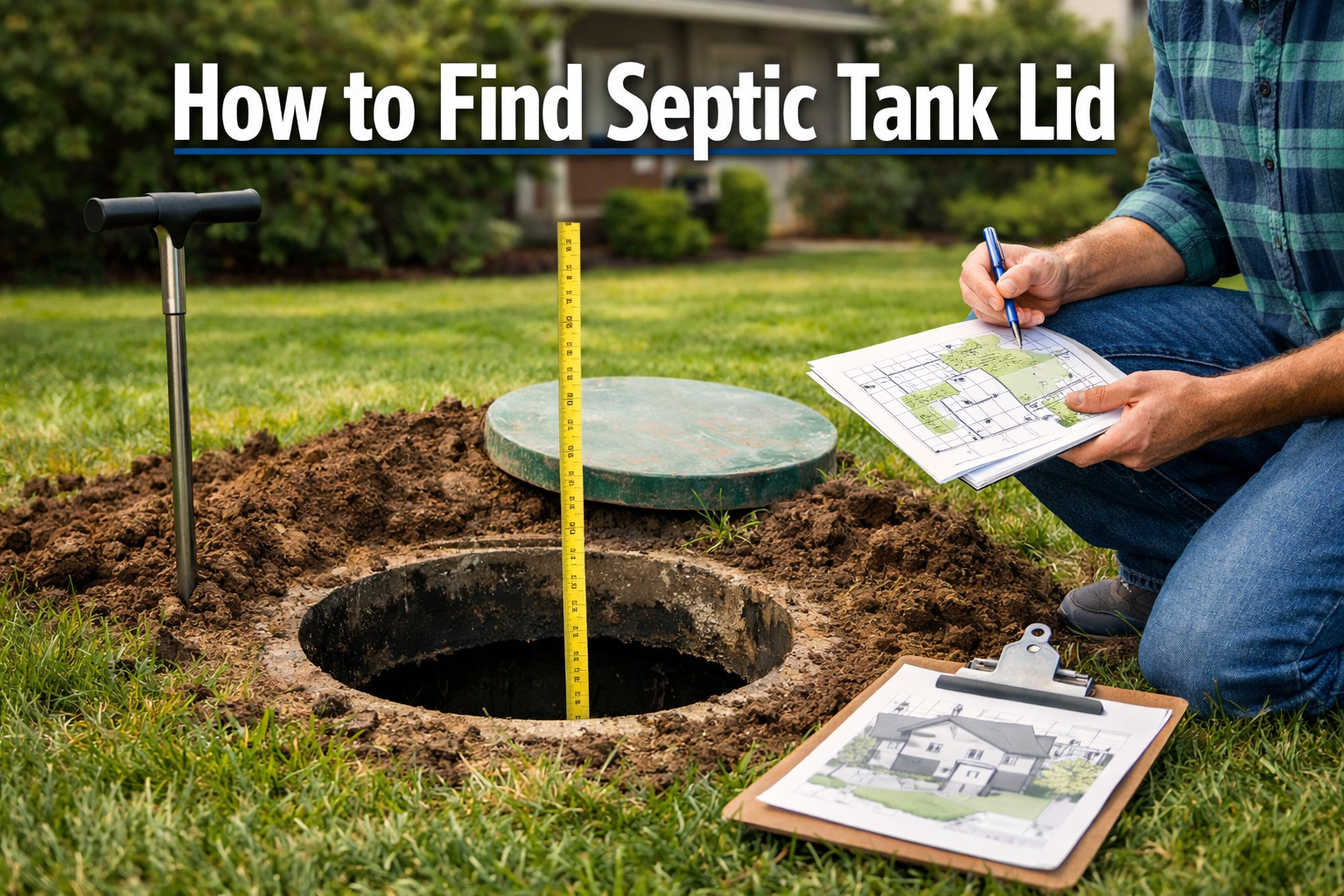 Professional landscape format (1536x1024) hero image featuring bold text overlay 'How to Find Septic Tank Lid' in extra large 72pt white san