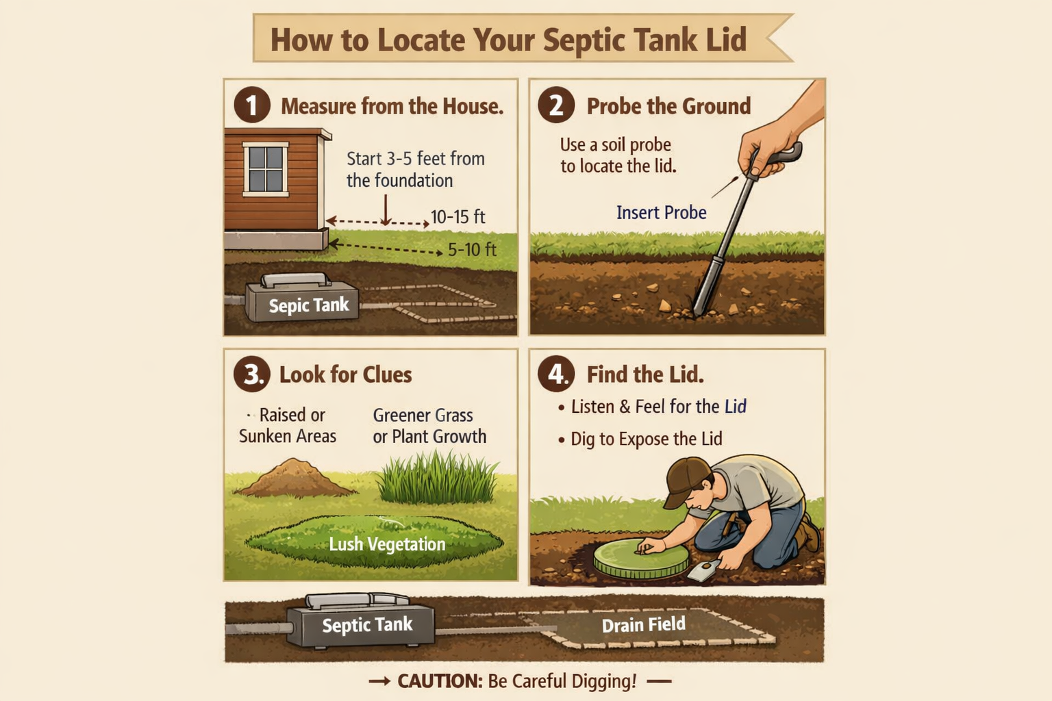 Portrait format (1024x1536) infographic showing step-by-step visual guide for locating septic tank lids, featuring property diagram with mea