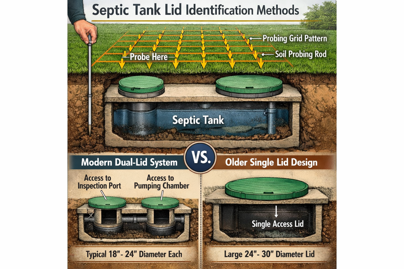Portrait format (1024x1536) detailed illustration of septic tank lid identification methods, showing cross-section view of buried tank with 