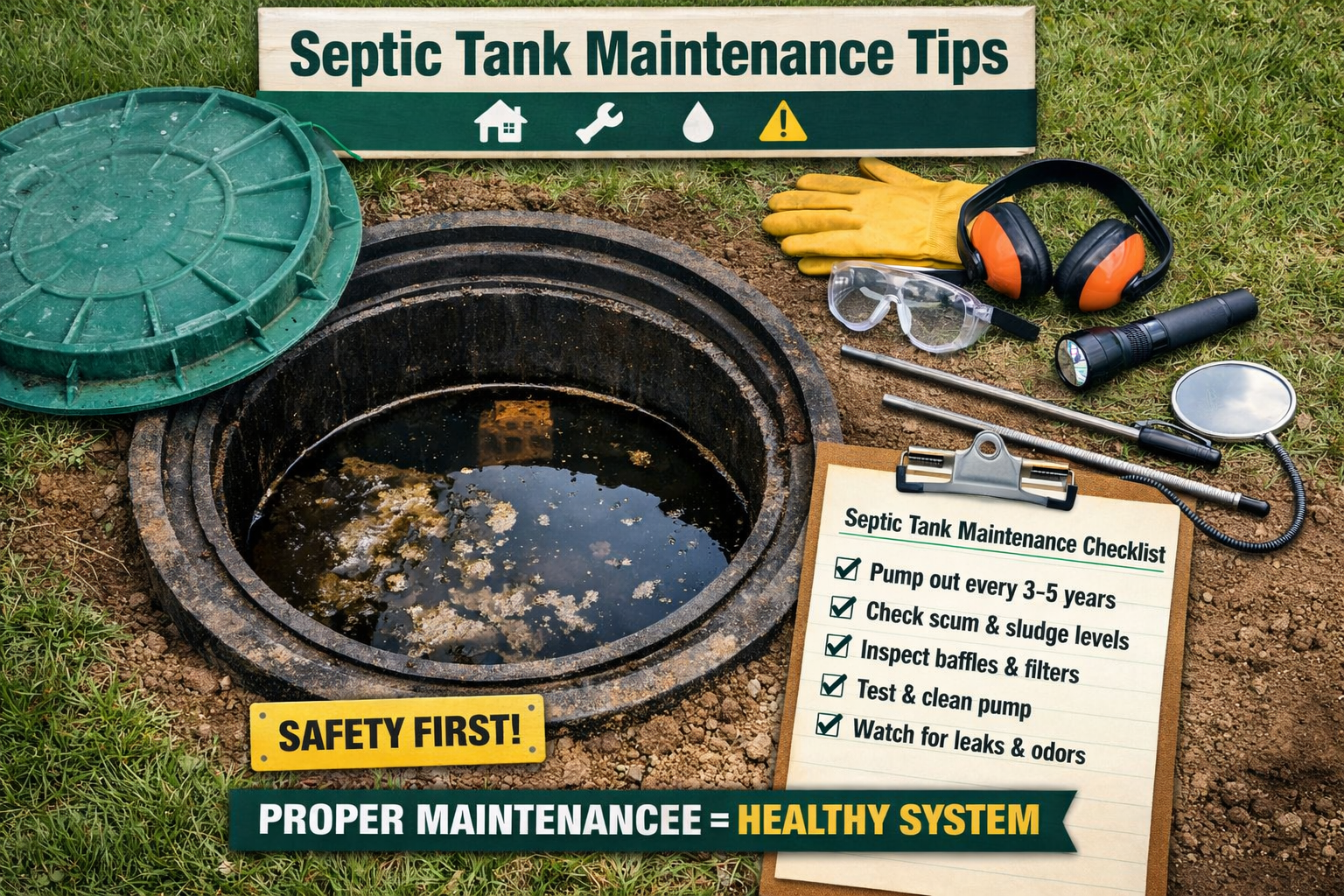 Portrait format (1024x1536) maintenance-focused image showing proper septic tank lid access and care, featuring opened tank lid, professiona