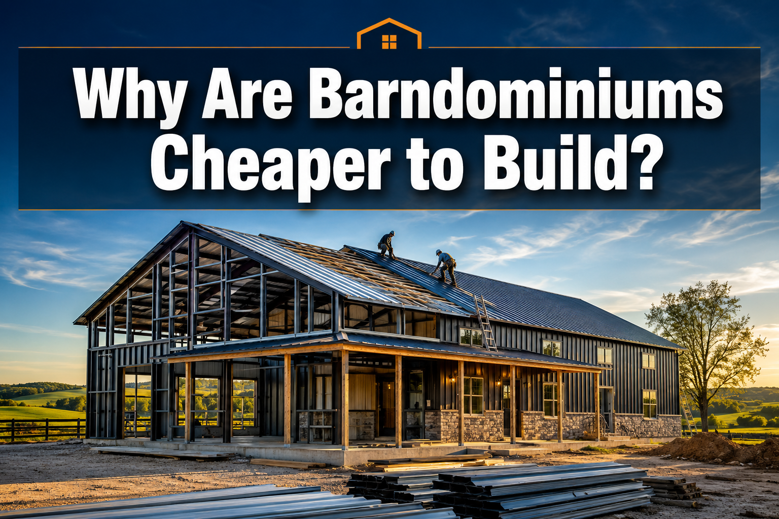 Professional () hero image with : 'Why Are Barndominiums Cheaper to Build?' in extra large white with dark drop , centered