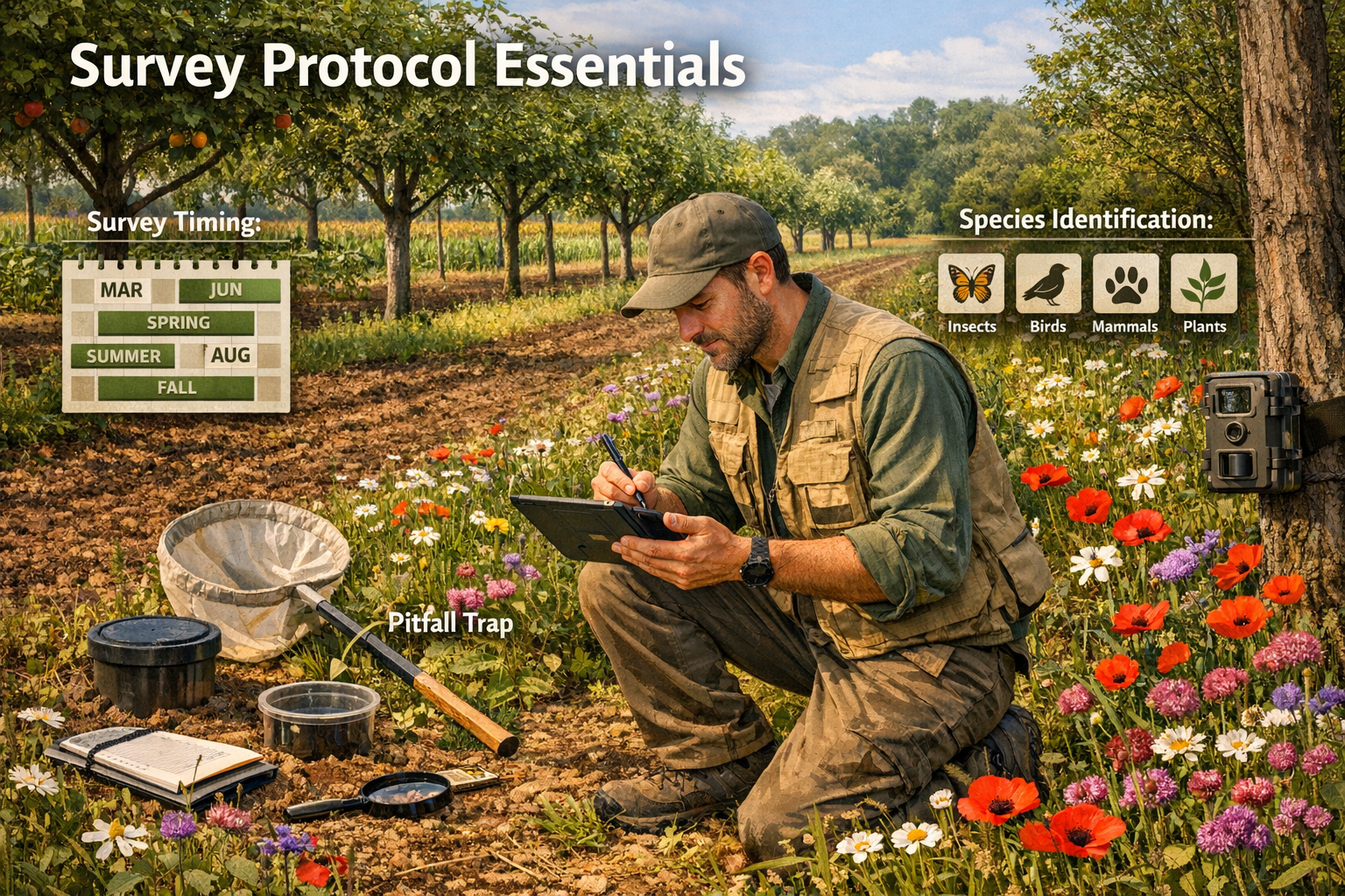 () detailed illustration showing ecologist conducting biodiversity survey in regenerative agriculture corridor, wearing