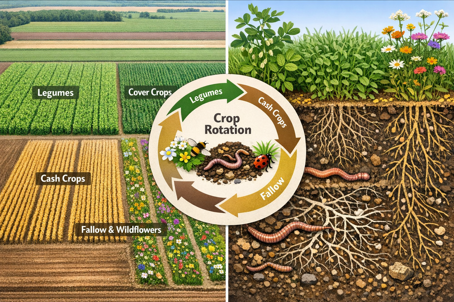 () split-screen composition showing diverse crop rotation system across four seasons. Left side displays aerial drone view