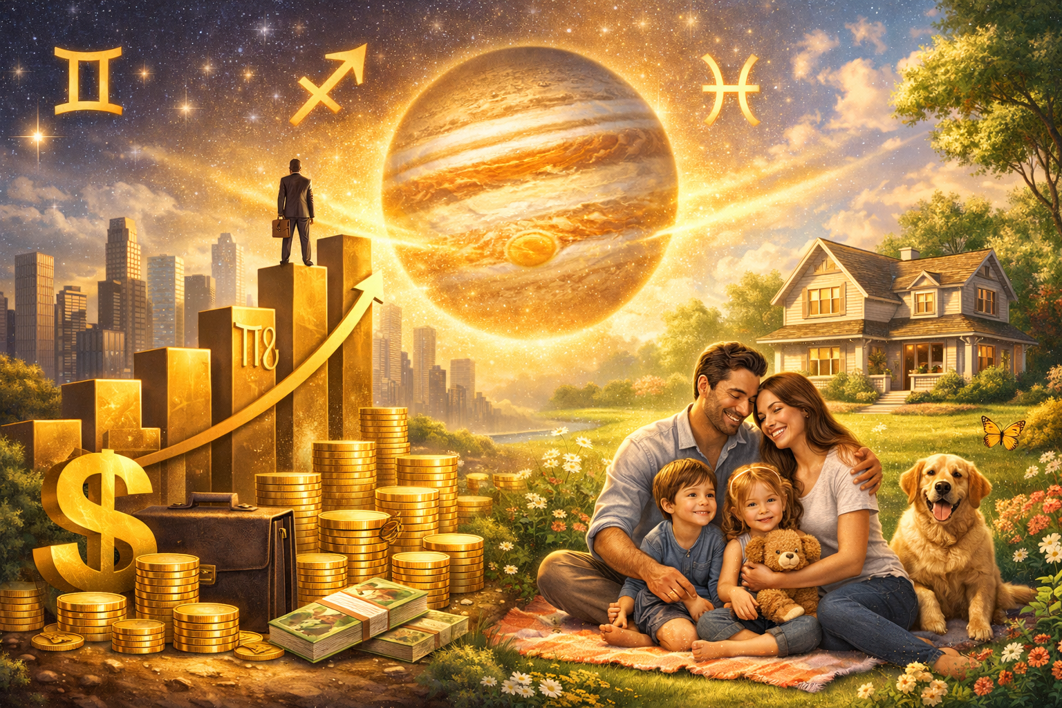 A detailed landscape format (1536x1024) image illustrating career growth and wealth accumulation. The left side shows ascending bar charts a
