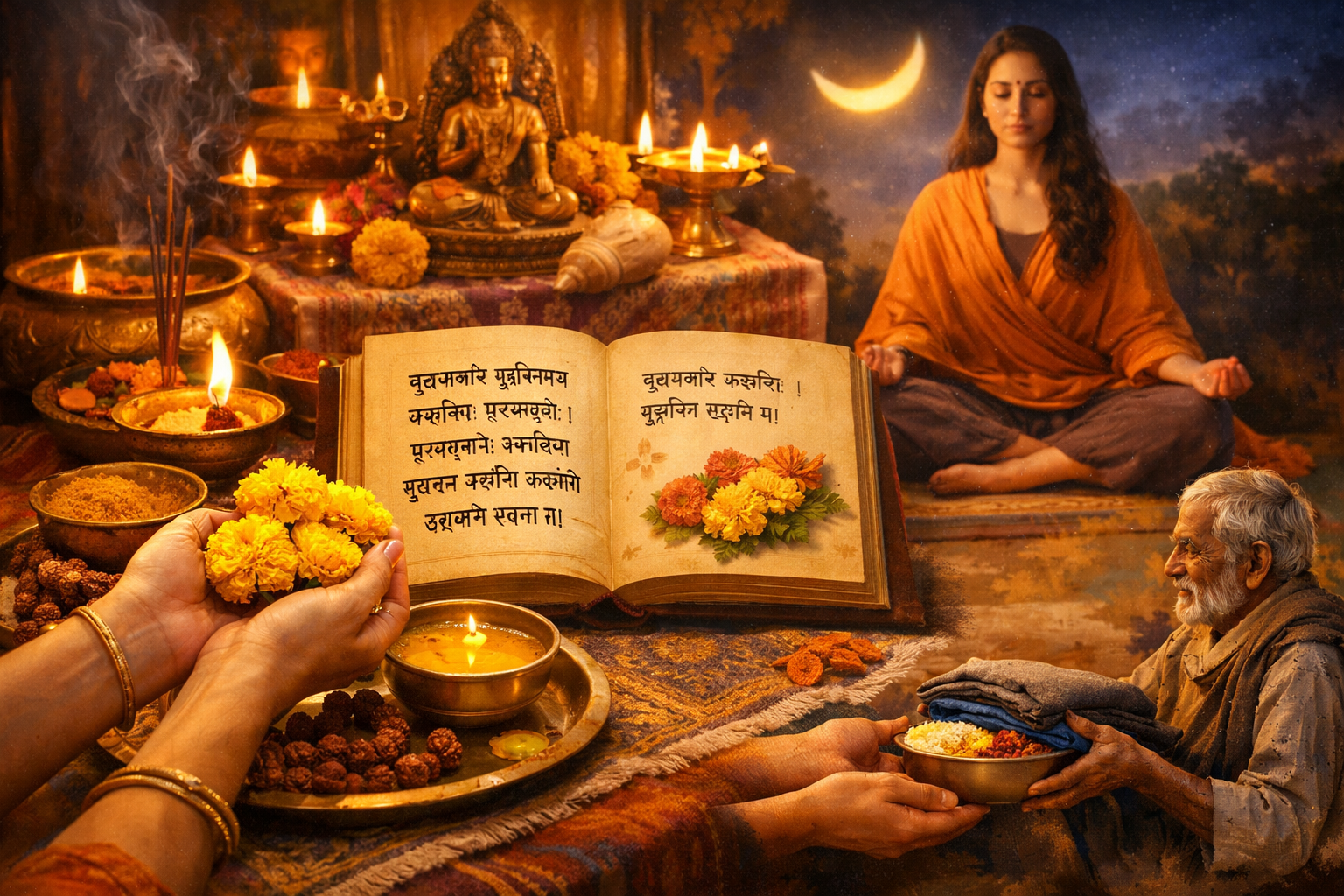 A landscape format (1536x1024) image depicting various Vedic remedies and rituals. It features hands holding yellow flowers and offering the