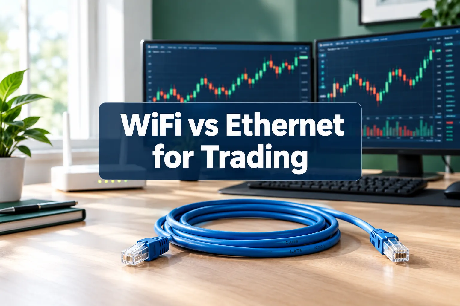 WiFi vs Ethernet latency for trading cover image with an Ethernet cable on a trading desk