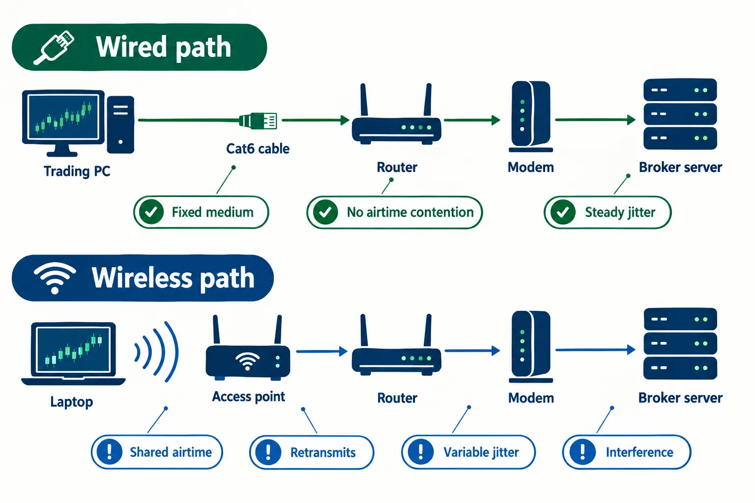 Wired path versus wireless path from a trading PC to the broker server, with jitter and interference labelled