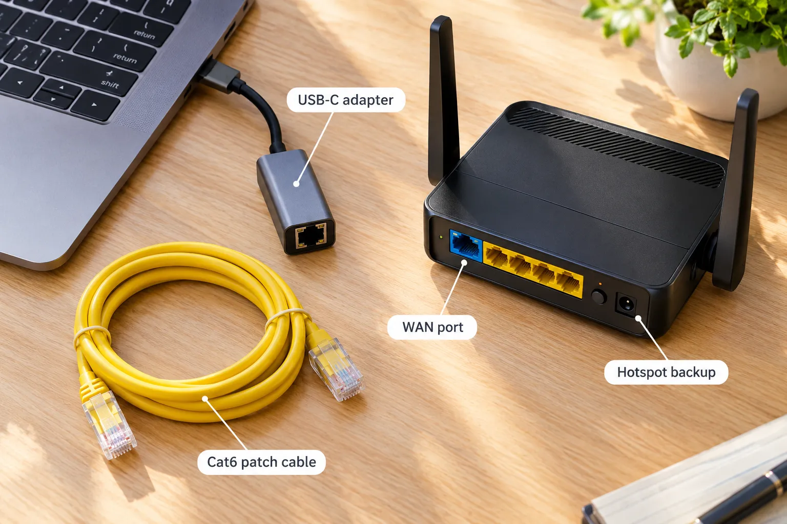 USB-C Ethernet adapter, Cat6 patch cable and router ports for wiring a laptop