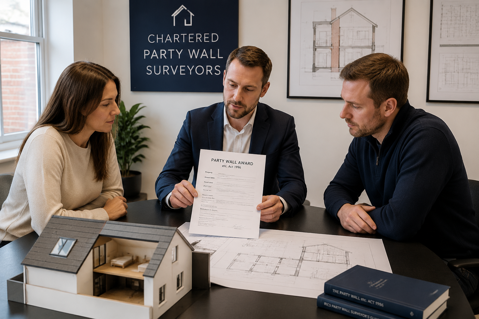 Wide-angle editorial photograph of a professional party wall surveyor sitting at a modern desk between two homeowners,
