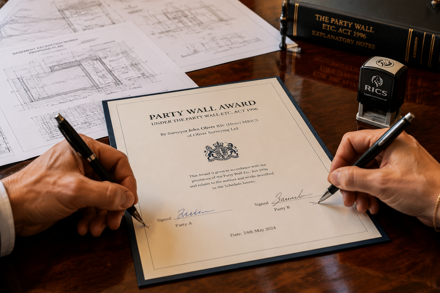 Close-up editorial photograph of a formal Party Wall Award document being signed on a polished conference table, a