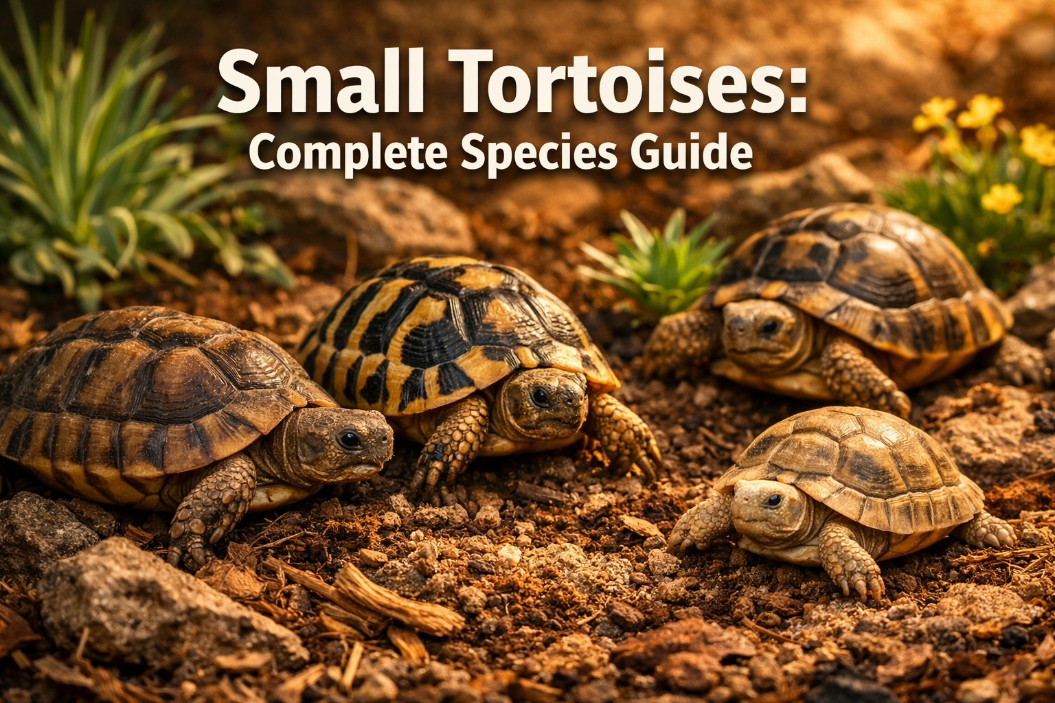 Professional landscape hero image (1536x1024) featuring bold text overlay 'Small Tortoises: Complete Species Guide' in extra large 72pt whit