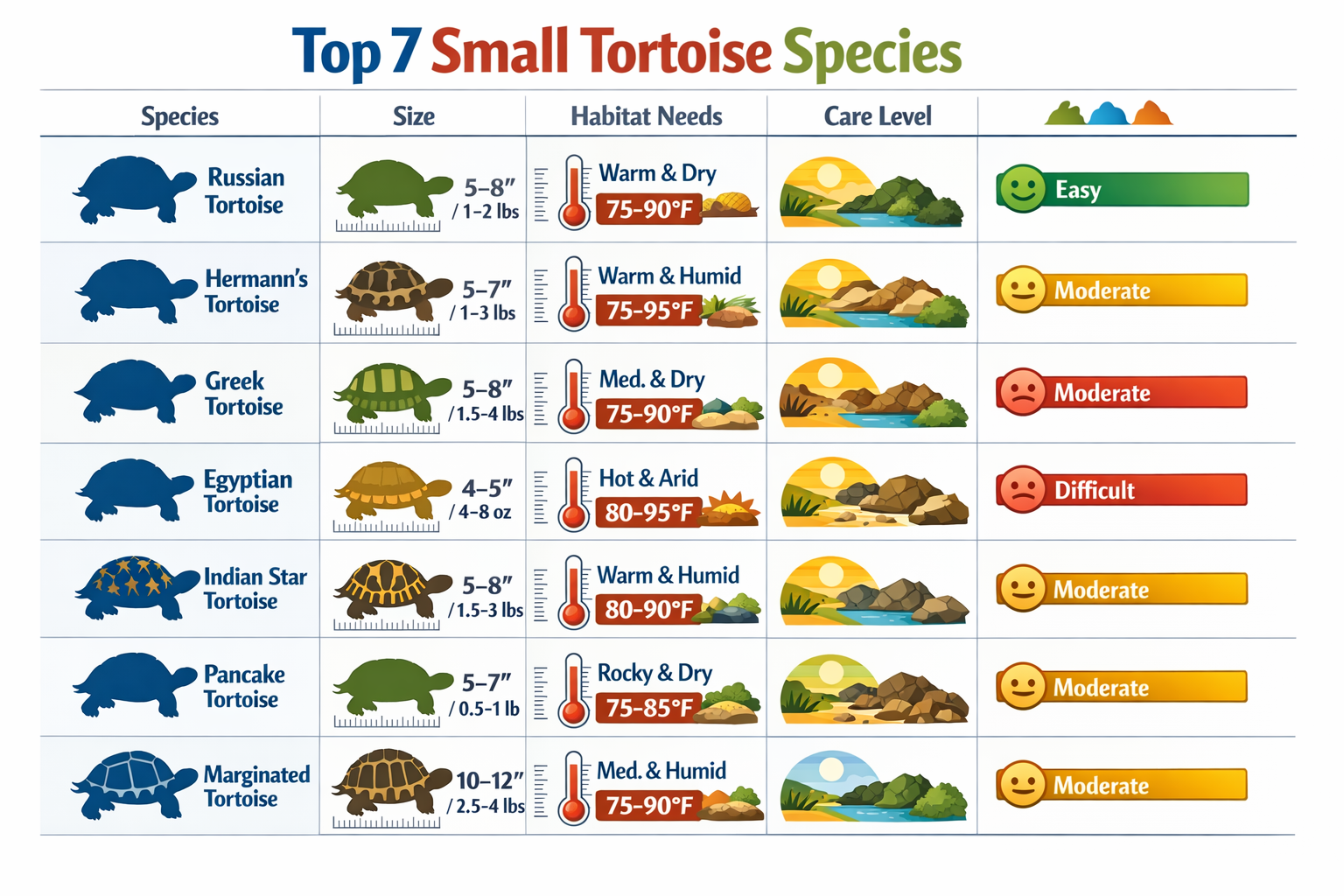 Detailed comparison chart showing the top 7 small tortoise species (Russian, Hermann's, Greek, Egyptian, Indian Star, Pancake, and Marginate
