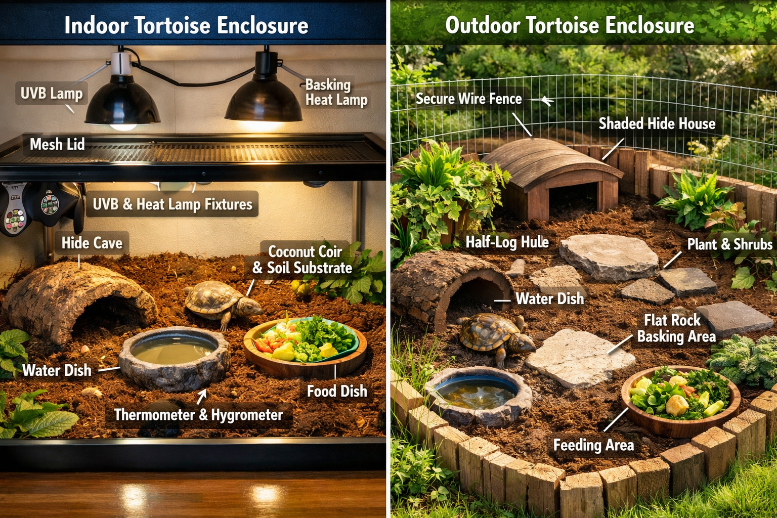 Indoor and outdoor habitat setup demonstration showing proper small tortoise enclosure with UVB lighting fixtures, substrate layers, hiding 