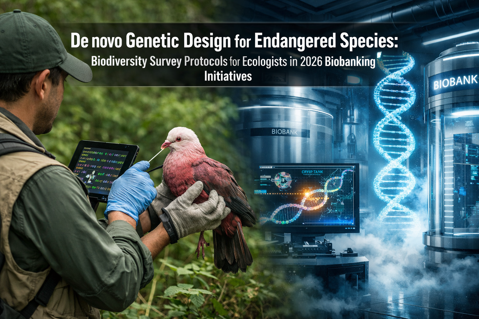 Professional landscape format (1536x1024) editorial hero image with bold white text overlay 'De novo Genetic Design for Endangered Species: 