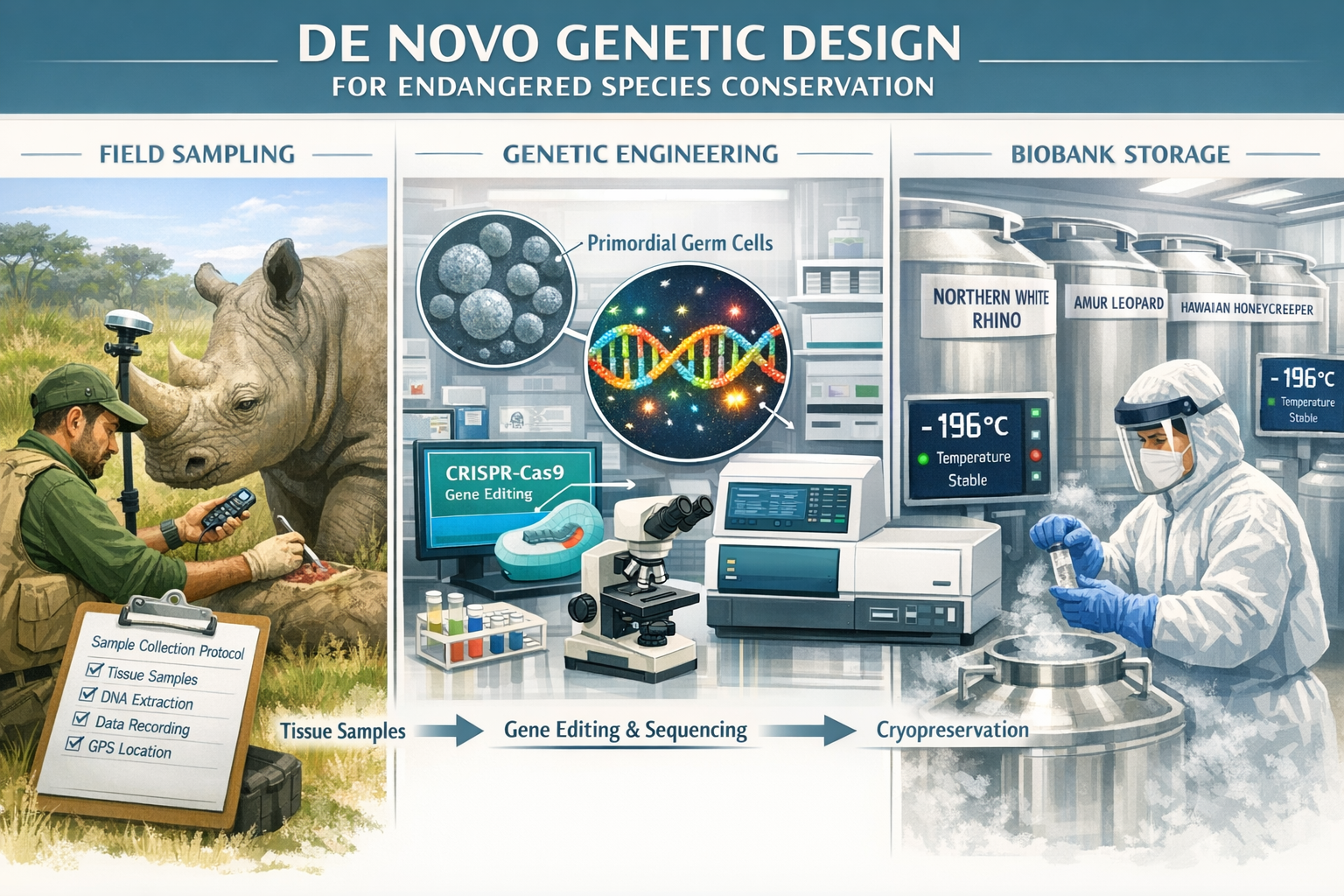 Landscape format (1536x1024) detailed scientific illustration showing three-panel infographic of de novo genetic design process for endanger