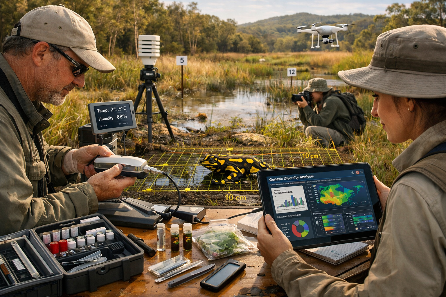 Landscape format (1536x1024) photorealistic field scene depicting modern biodiversity survey protocols in action for 2026 biobanking initiat