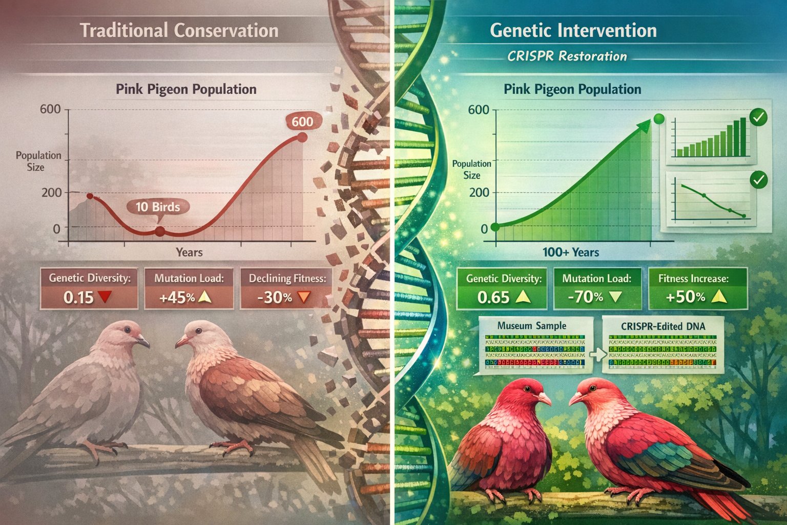 Landscape format (1536x1024) conceptual split-screen visualization contrasting traditional conservation versus genetic intervention outcomes