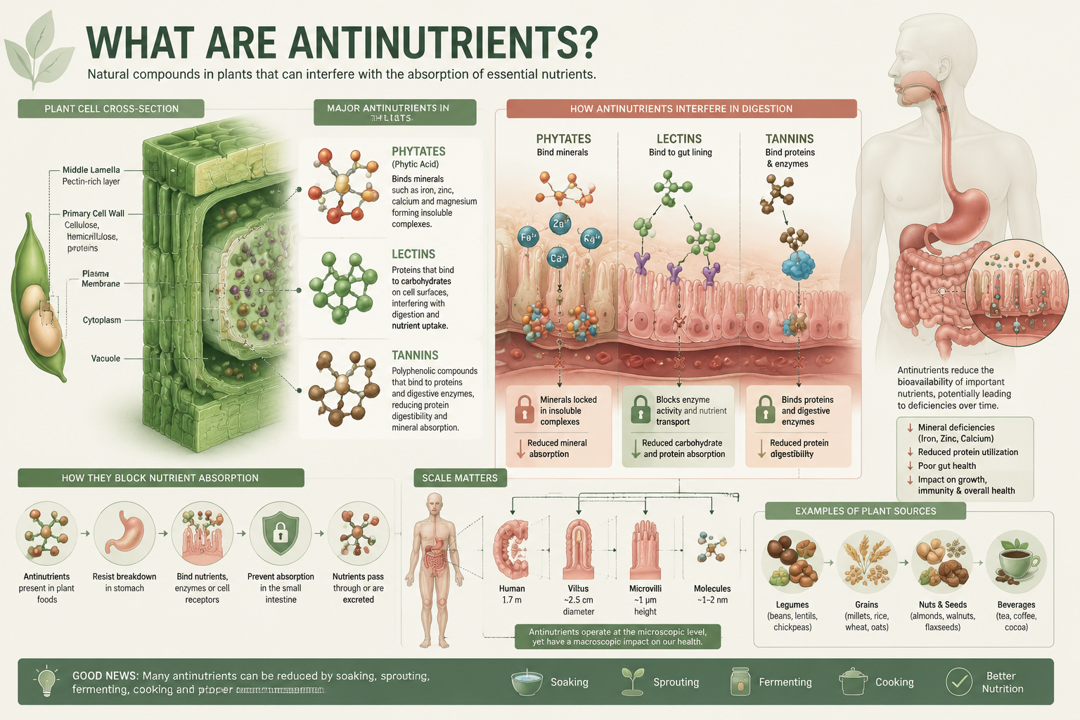 What Are Antinutrients section visual: Detailed botanical cross-section illustration showing plant cell walls with animated