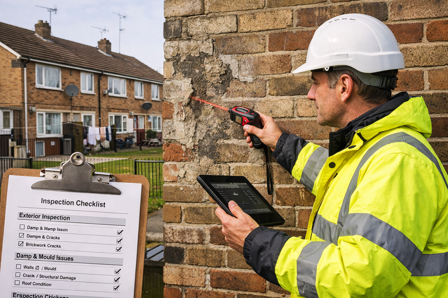 Detailed landscape editorial image (1536x1024) showing professional building surveyor conducting thorough inspection of social housing prope