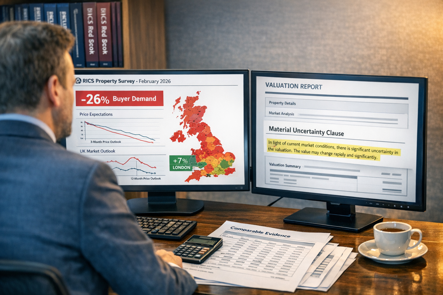 Detailed () image showing professional surveyor analyzing property data on dual monitors in modern office setting. Left