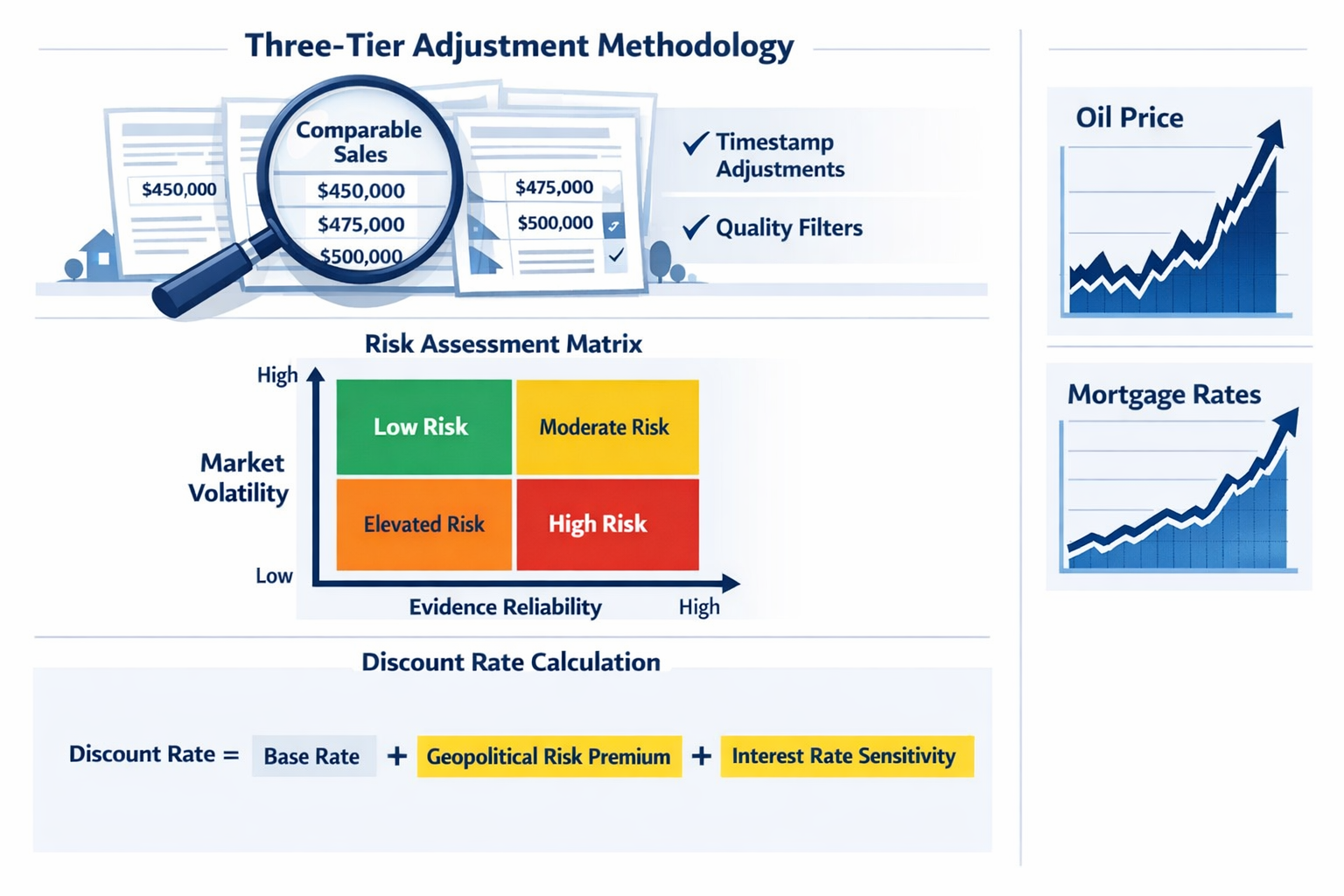 Detailed () conceptual illustration showing three-tier adjustment methodology framework. Top tier displays magnifying glass