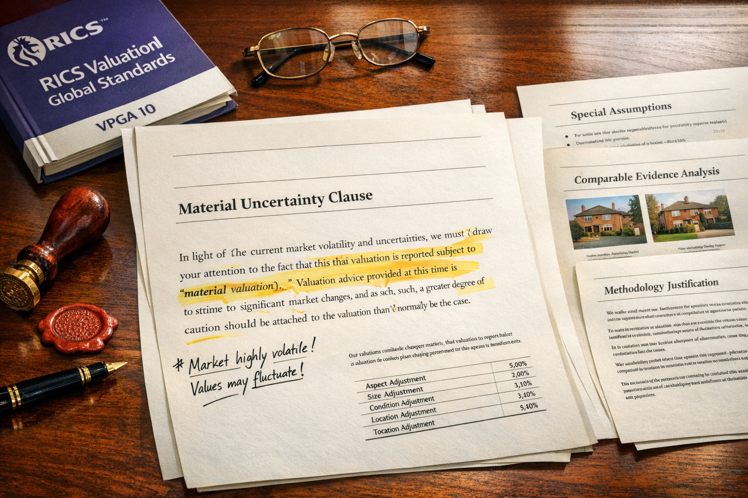 Detailed () image of formal RICS valuation report document on mahogany desk with key sections visible. Main focus on