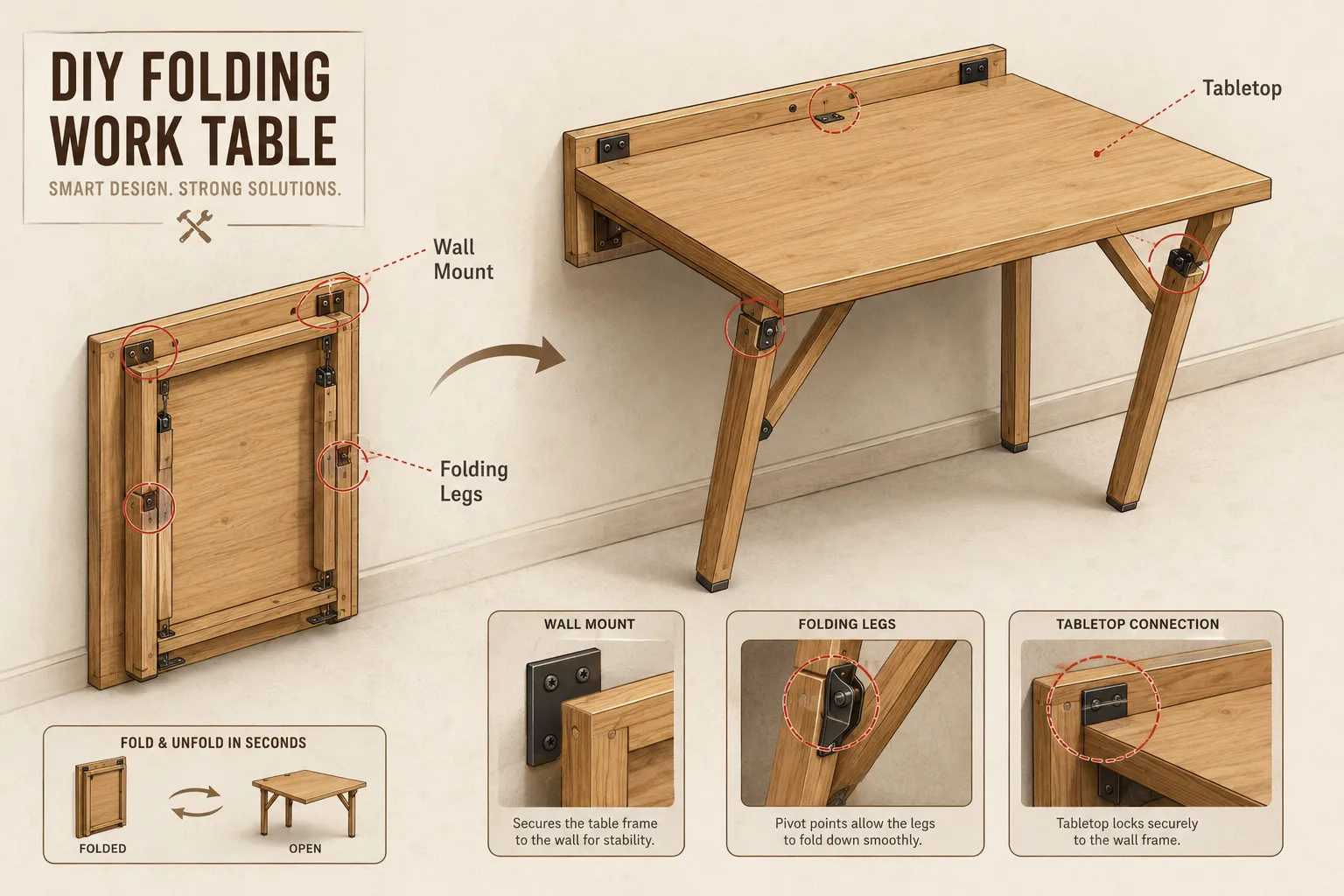 Leg Design and Folding Mechanisms for a DIY Folding Work Table for Small Shops: Build a Strong, Flat-Storing Surface That Ope