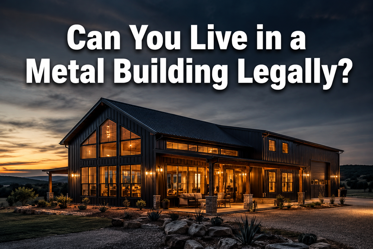 Professional () hero image with : 'Can You Live in a Metal Building Legally?' in extra large white with dark drop , centered