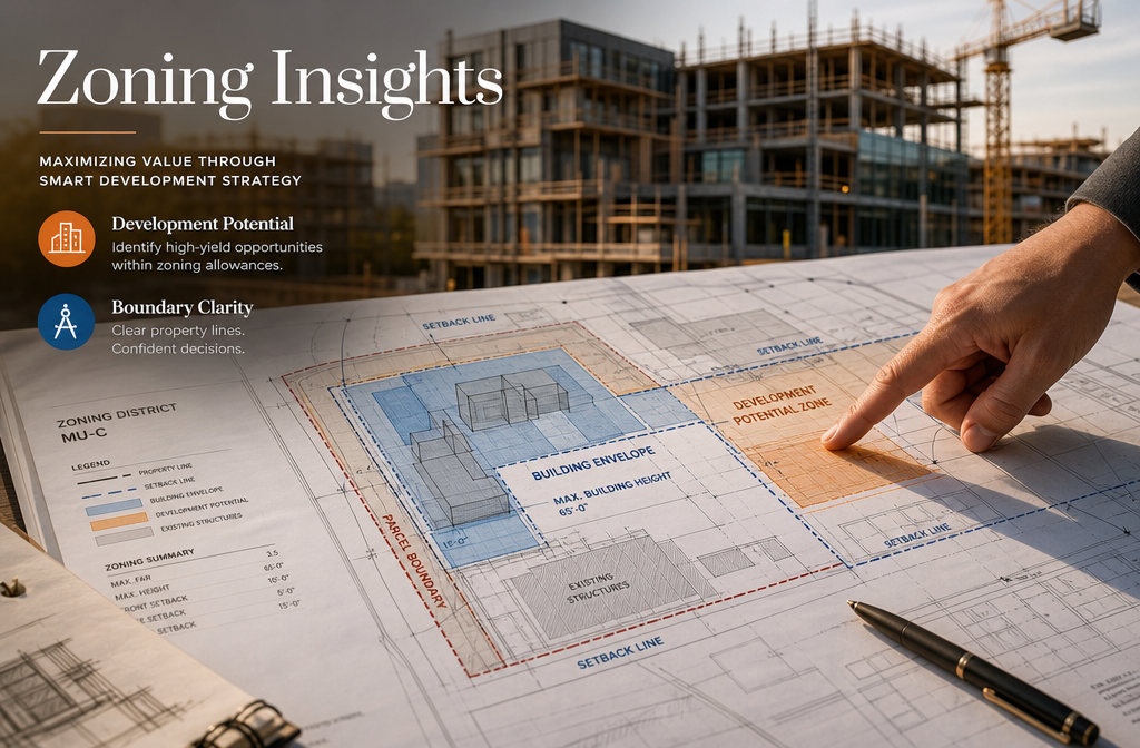 Detailed () concept image showing a property development blueprint spread on a table with zoning maps, setback lines, and