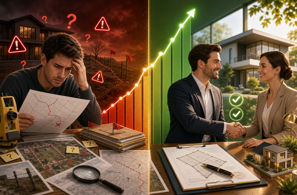 Detailed () split-screen comparison image: left panel shows a stressed property buyer reviewing documents with question