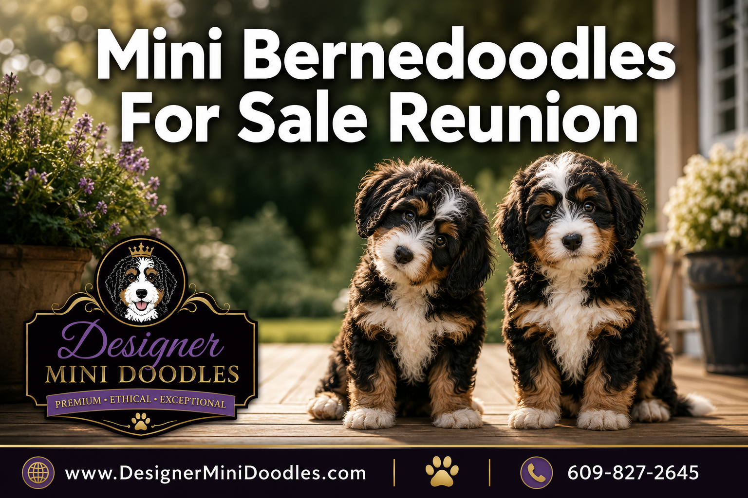 Professional () editorial hero image with 'Mini Bernedoodles For Sale Reunion' in extra large white with dark drop ,