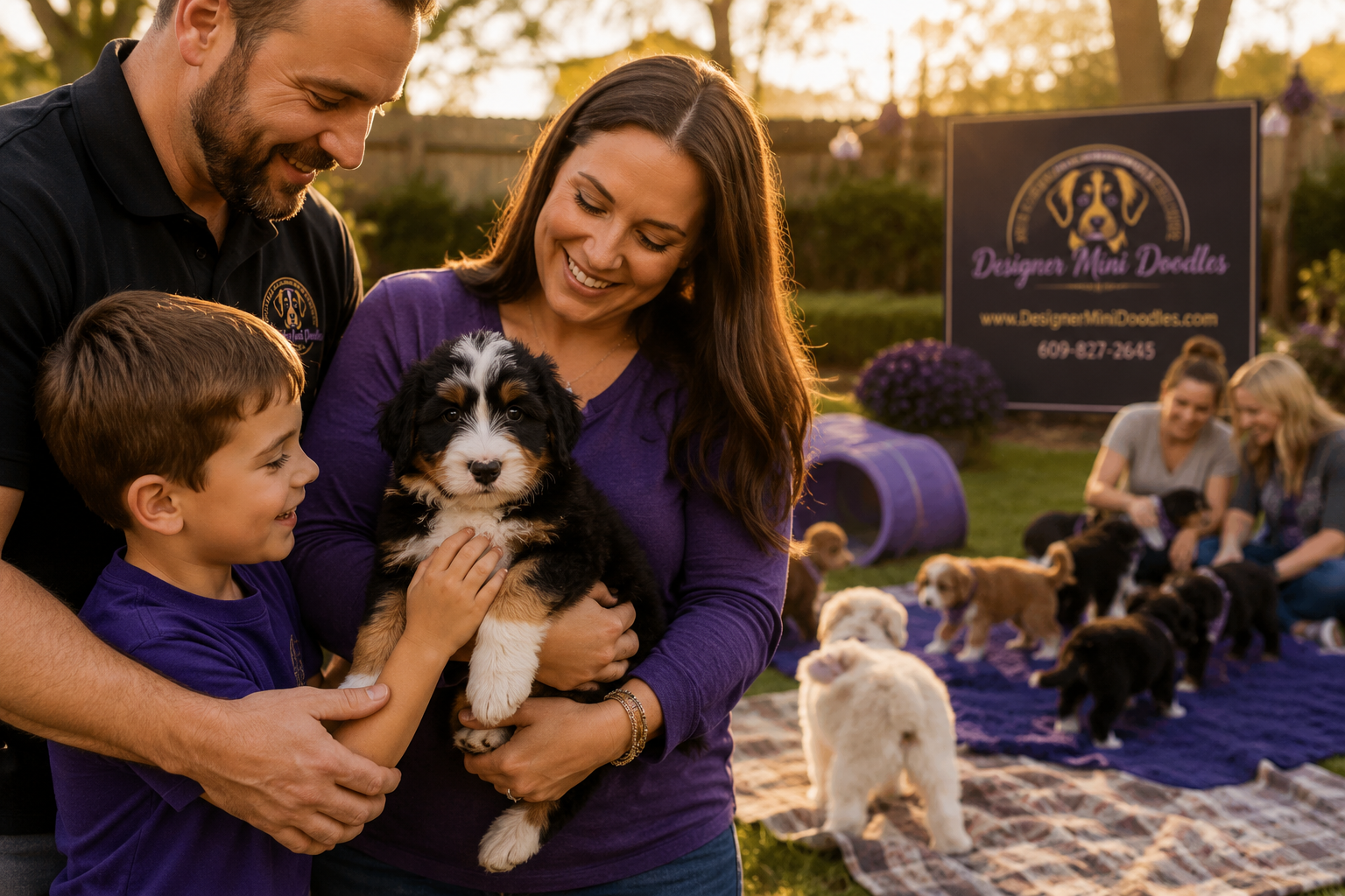 Landscape lifestyle photo of a tri-color mini bernedoodle puppy being gently held by a smiling family during a backyard