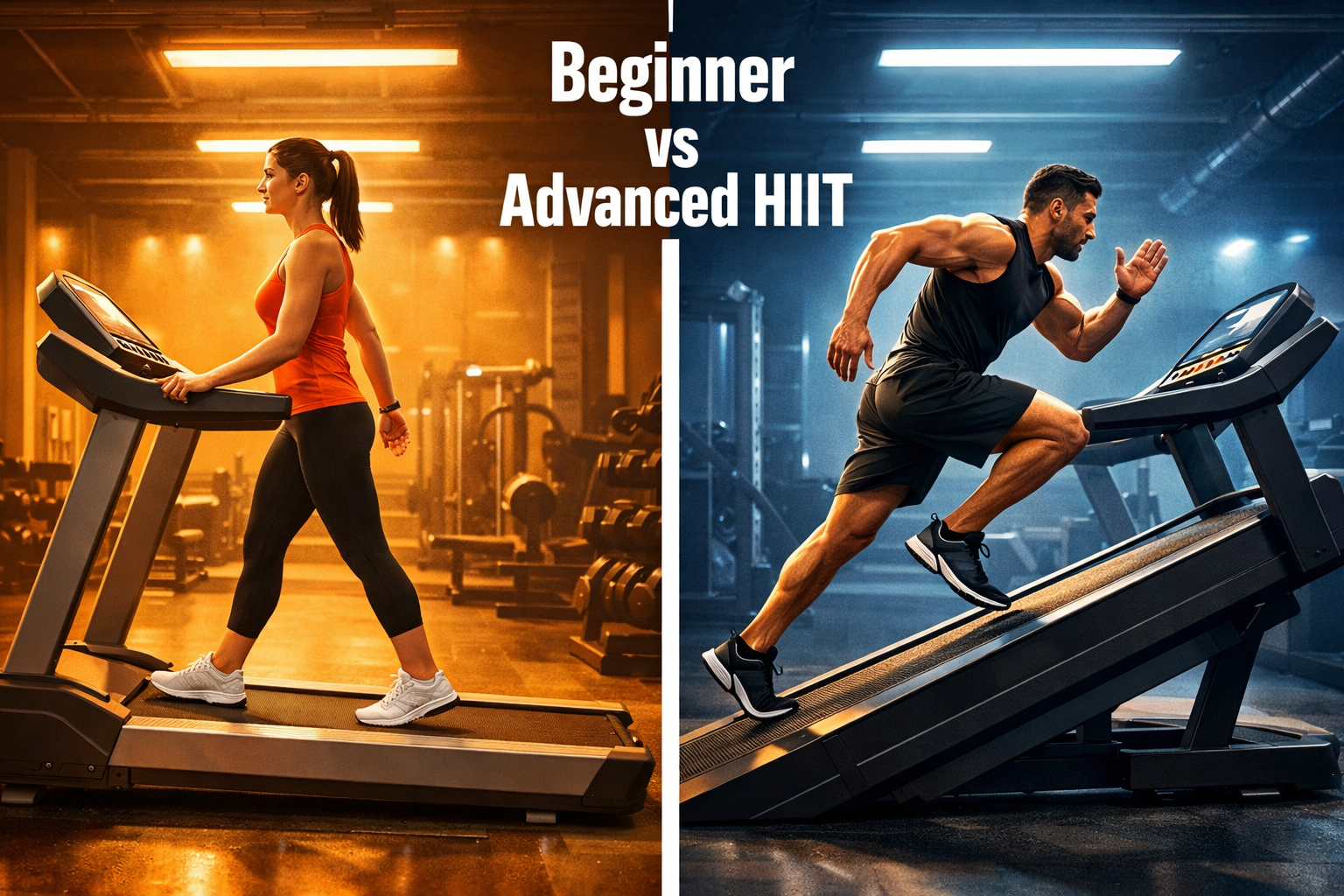 HIIT Training on Treadmill Review Digital illustration, graphic design style, Landscape format (1536x1024) split-scene image: left half shows a beginner athlete walking on a treadmill at low incline, right half shows an advanced athlete sprinting at steep incline, both in the same modern gym setting. A vertical divider in the center reads 'Beginner vs Advanced HIIT' in bold white text. Overhead gym lighting, realistic gym equipment visible in background, motivational atmosphere. Color scheme: warm amber left side, cool blue right side, white center divider. Editorial fitness photography style.