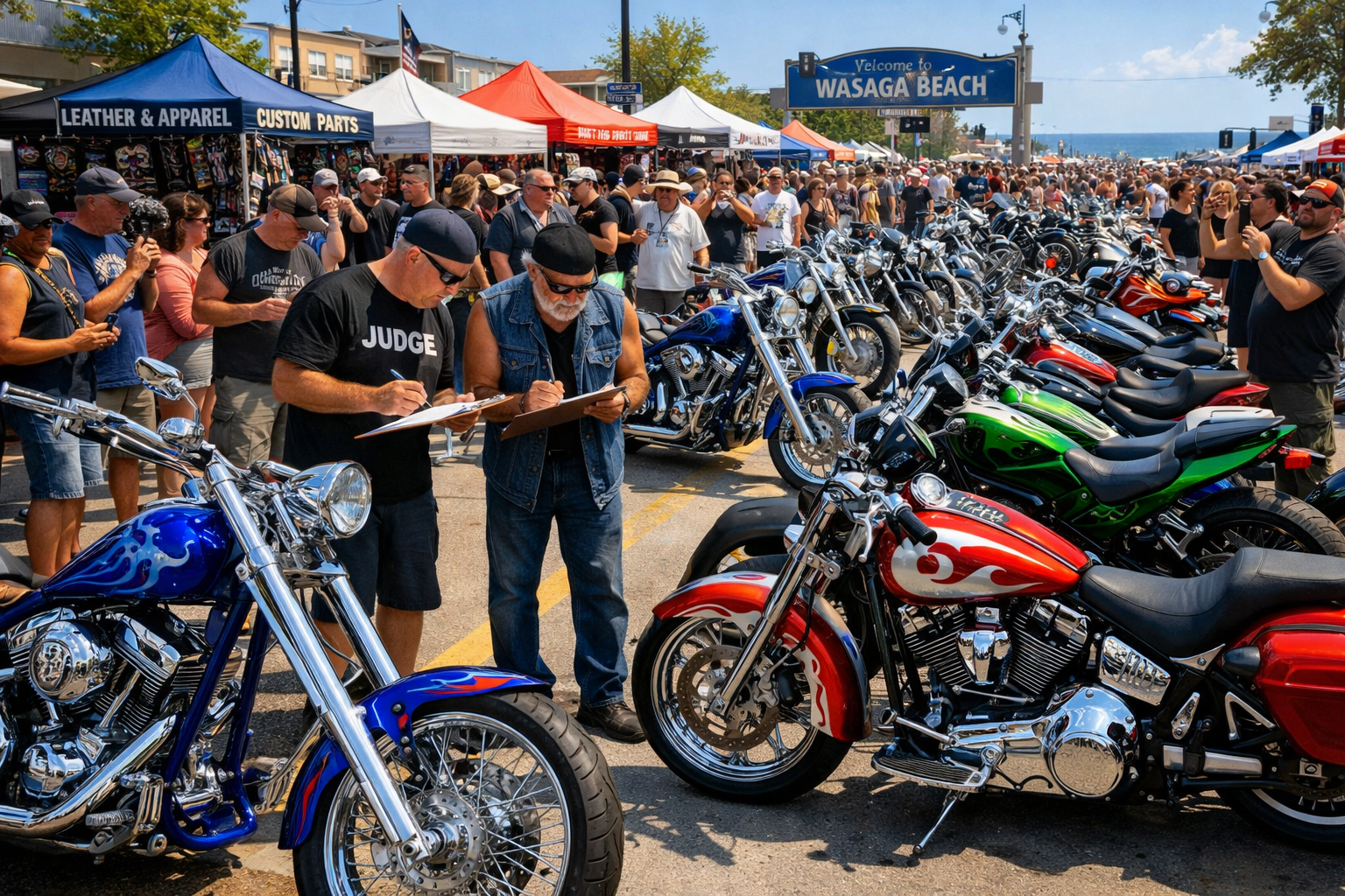 () editorial image showing custom motorcycle show and shine competition at Wasaga Beach with chrome choppers, vintage