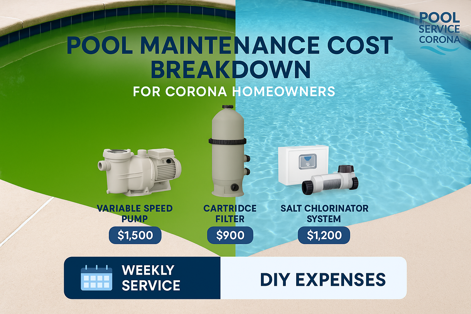 Landscape infographic-style image (1536x1024) displaying pool maintenance cost breakdown chart for Corona homeowners, split-screen compositi