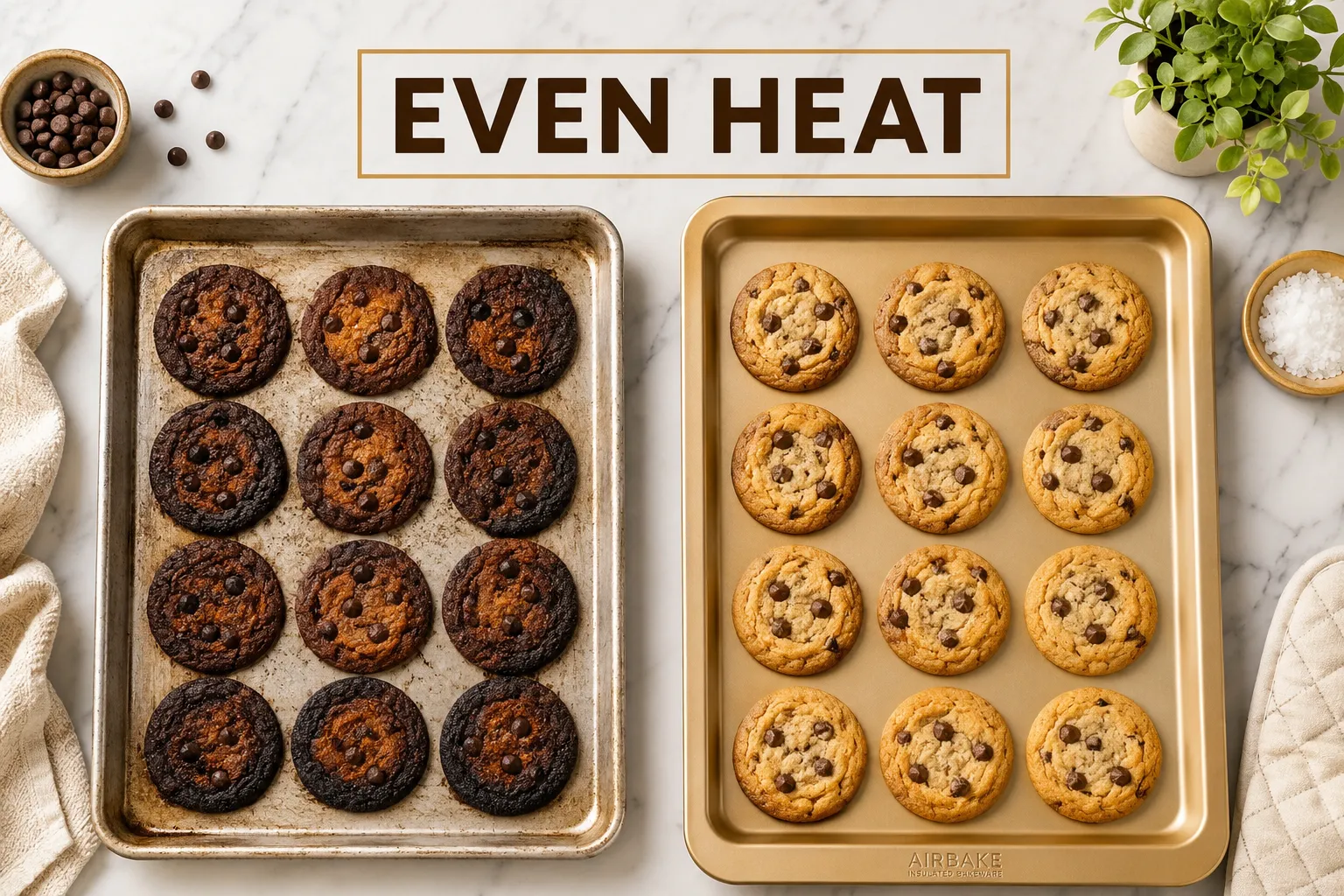 Airbake Cookie Sheets Bright editorial flat-lay landscape (1536x1024): overhead studio shot of two cookie sheets side by side on a clean white marble surface, one standard aluminum sheet showing dark burnt cookie bottoms, one airbake insulated double-layer sheet showing perfectly golden cookies, dramatic top-down natural daylight, bold color contrast between burnt and golden, Pinterest-worthy food photography style, warm cream and gold palette, short label 'Even Heat' in 4-word bold text centered with 8% safe margins. Airbake Cookie Sheets