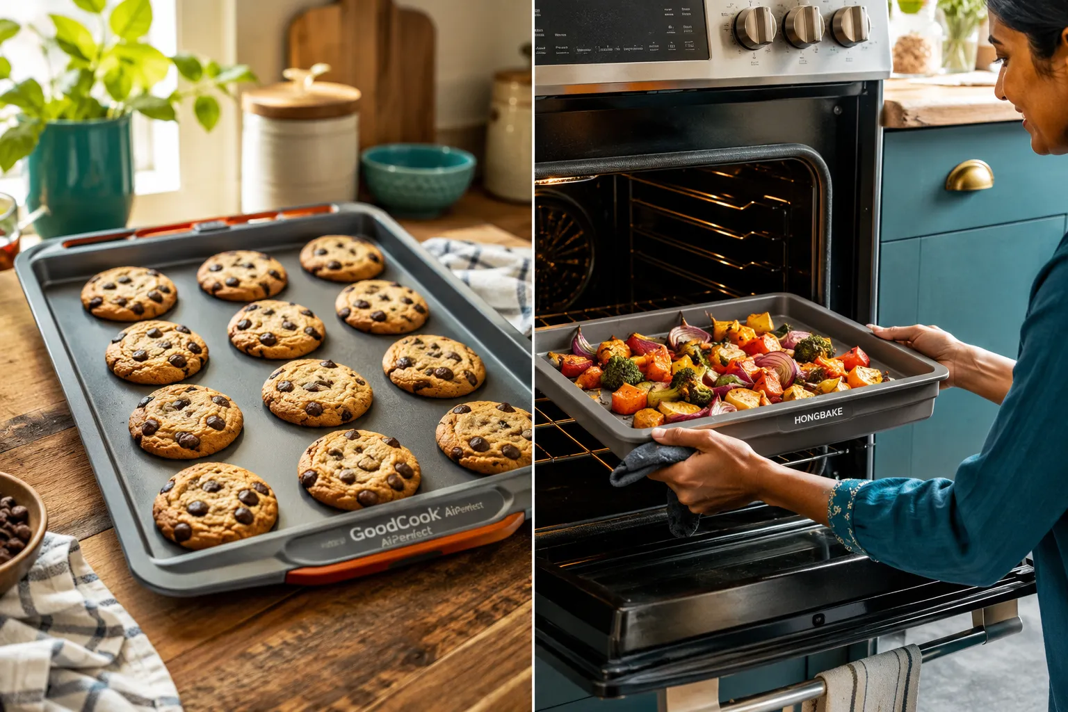 Airbake Cookie Sheets Split-screen editorial landscape (1536x1024): left half shows a GoodCook AirPerfect carbon steel insulated baking sheet with perfectly baked cookies on a rustic wooden kitchen counter in warm morning light, right half shows a HONGBAKE grey nonstick insulated baking pan with roasted vegetables, both panels in bright natural daylight, high-contrast product hero composition, teal and warm amber color palette, diverse mid-30s South Asian woman's hands placing pan in oven visible at edge, magazine-quality editorial photography. Best Airbake Cookie Sheets to Add to Your Cart in 2026