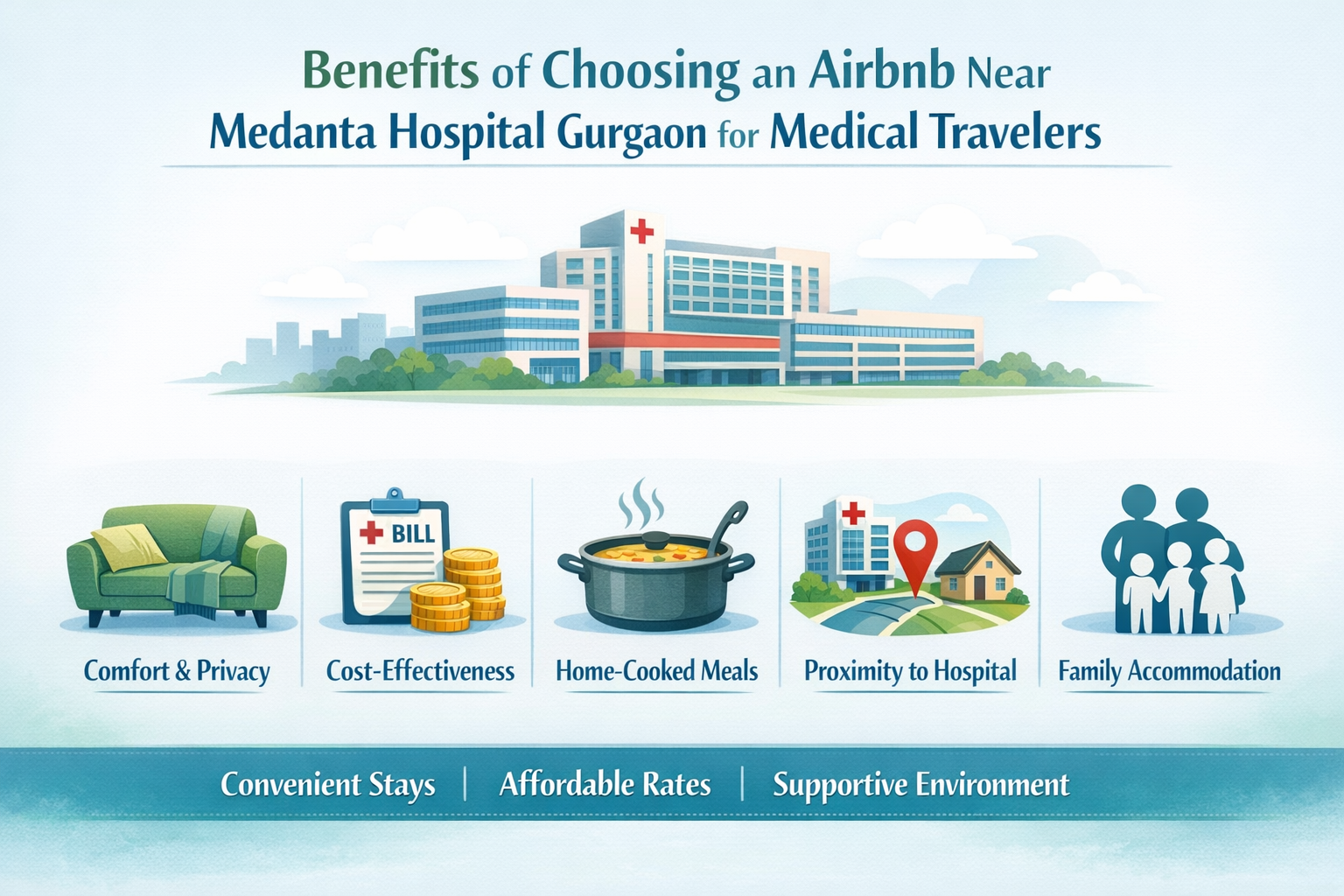 An infographic image representing the 'Benefits of Choosing an Airbnb Near Medanta Hospital Gurgaon for Medical Travelers'. It features dist