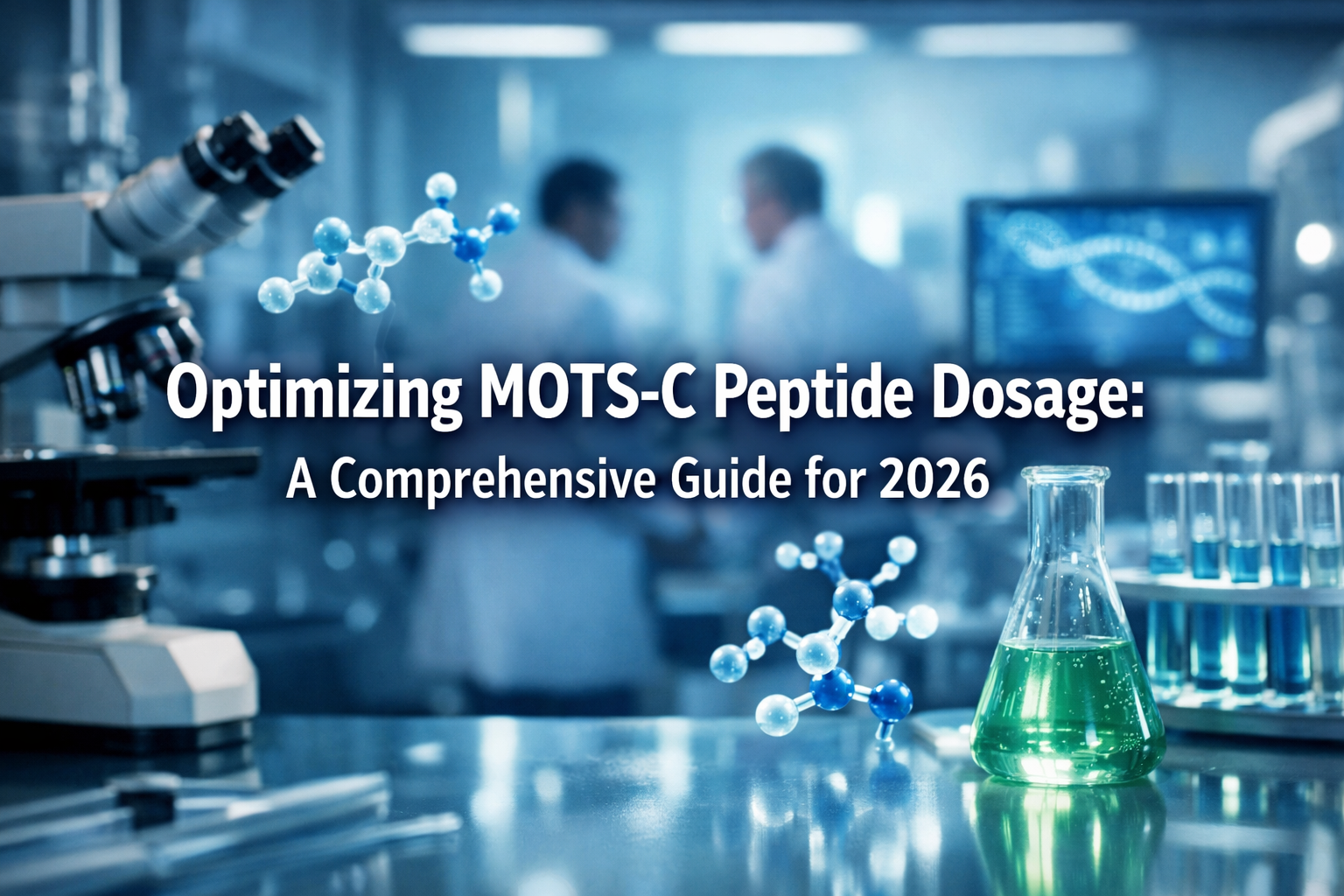 Professional landscape hero image (1536x1024) with bold text overlay: 'Optimizing MOTS-C Peptide Dosage: A Comprehensive Guide for 2026', mo