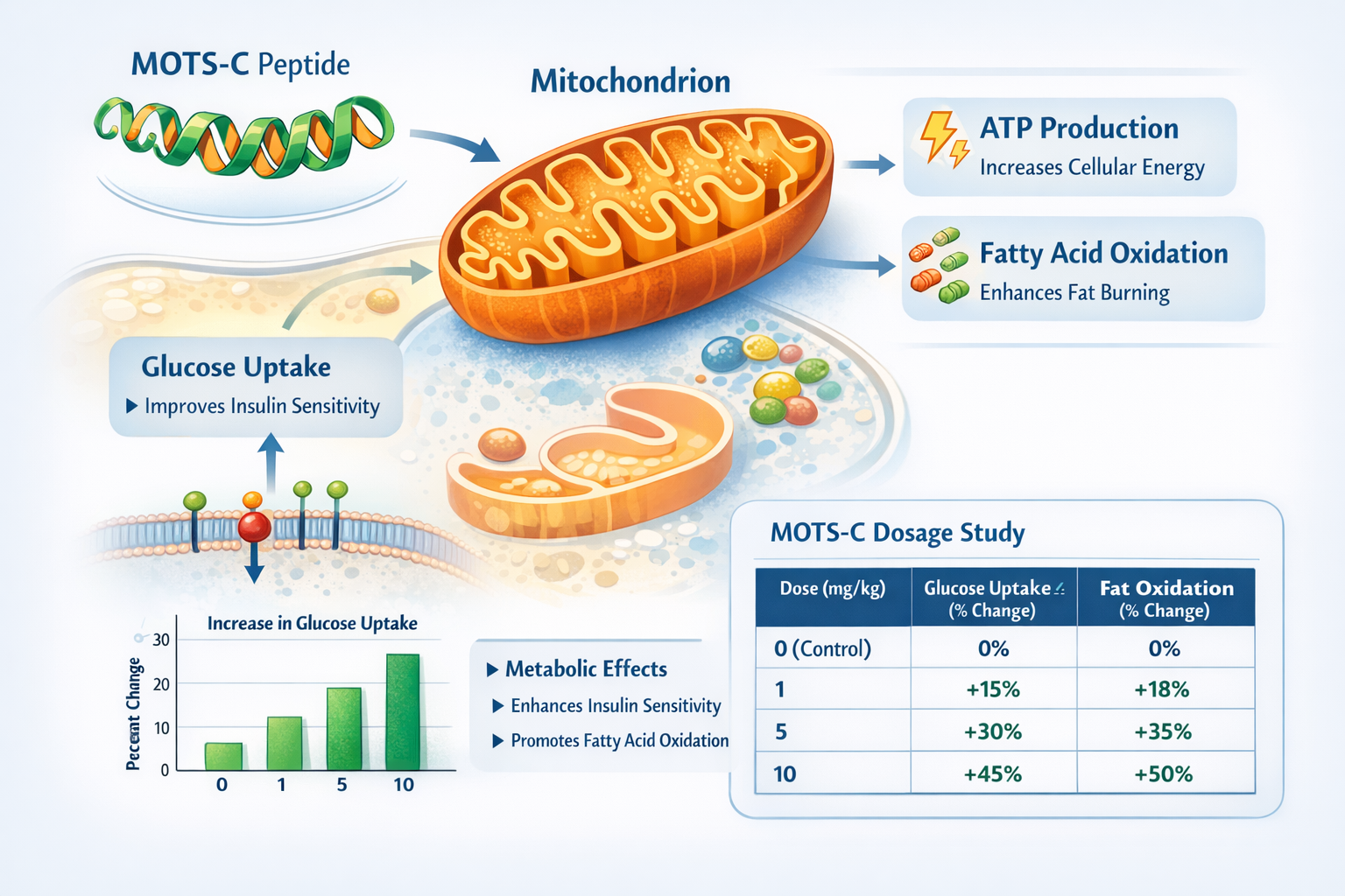 An infographic illustrating the metabolic pathways influenced by MOTS-C peptide, showcasing mitochondria, cellular energy production, and gl