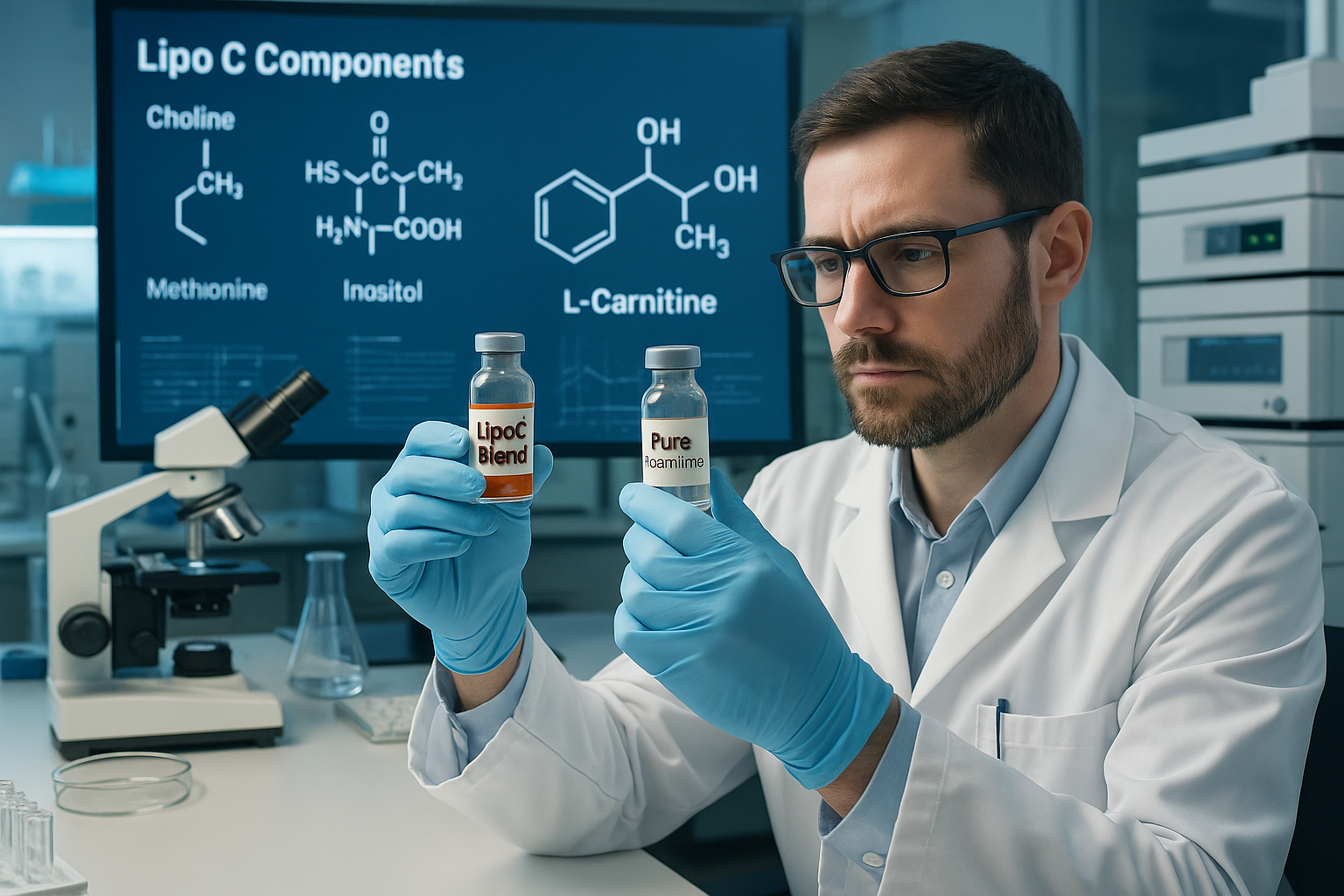 A detailed laboratory setting with a researcher examining vials labeled 'LipoC Blend' and 'Pure L-Carnitine', featuring chemical structures