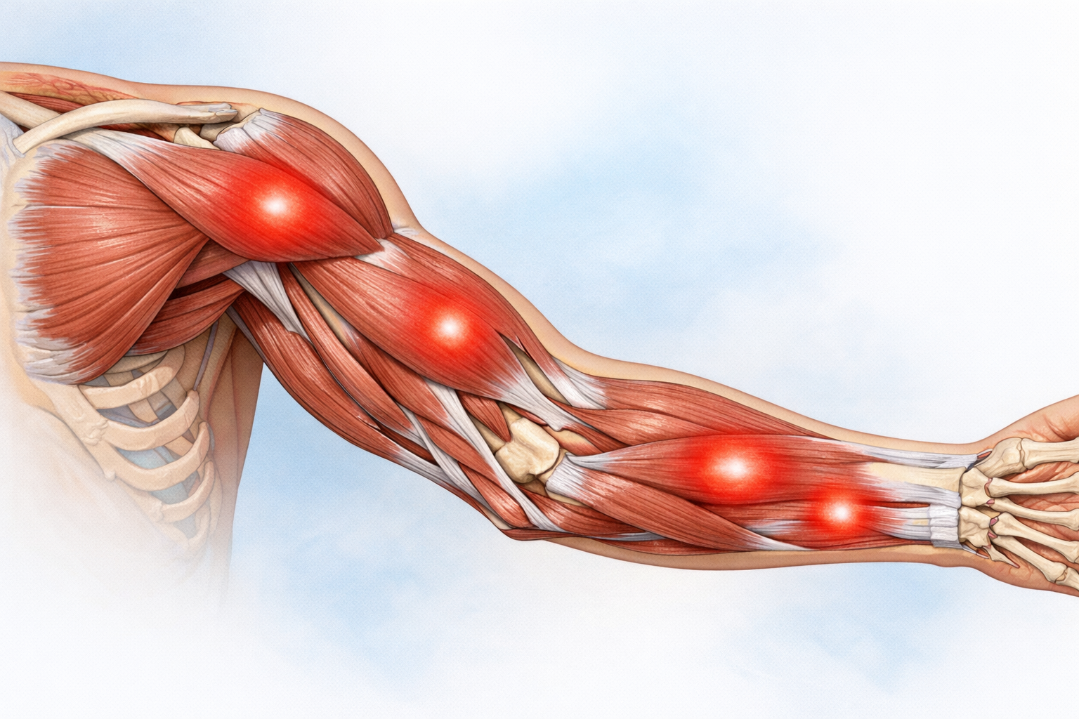 () detailed anatomical illustration showing cross-section of arm muscles with highlighted areas indicating common soreness