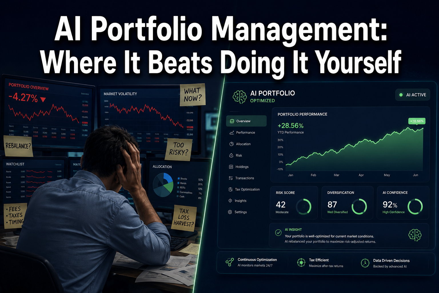 Professional () hero image with : 'AI Portfolio Management: Where It Beats Doing It Yourself' in extra large white with dark