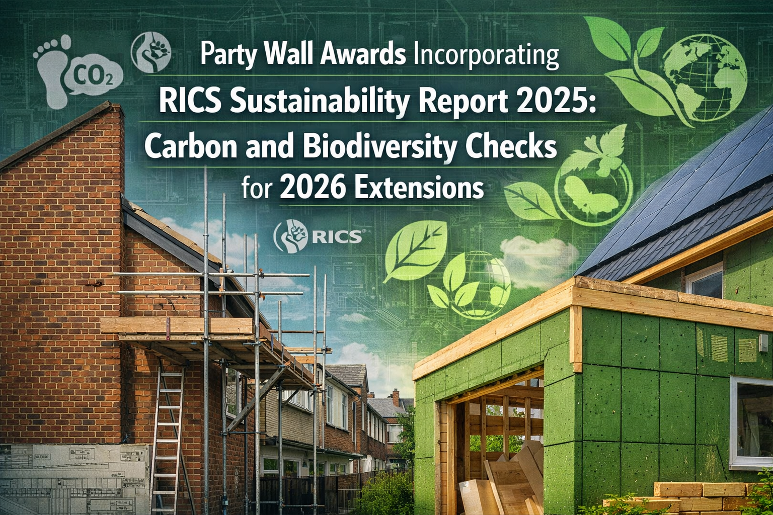 Professional () hero image featuring 'Party Wall Awards Incorporating RICS Sustainability Report 2025: Carbon and