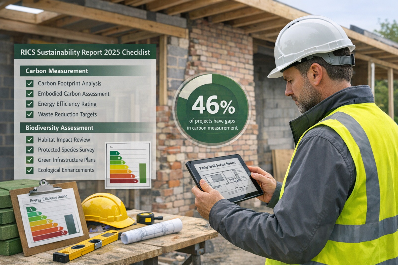 Detailed () image showing professional surveyor in hard hat examining party wall documentation on digital tablet at