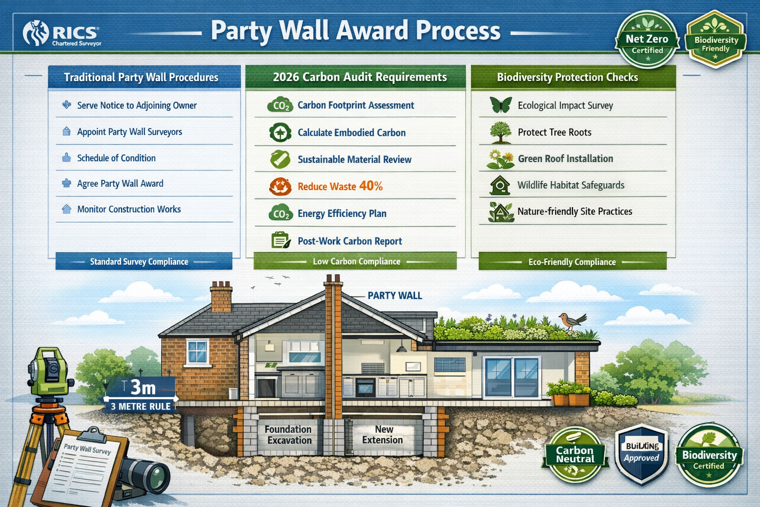Detailed () technical infographic illustration displaying party wall award process flowchart integrated with sustainability