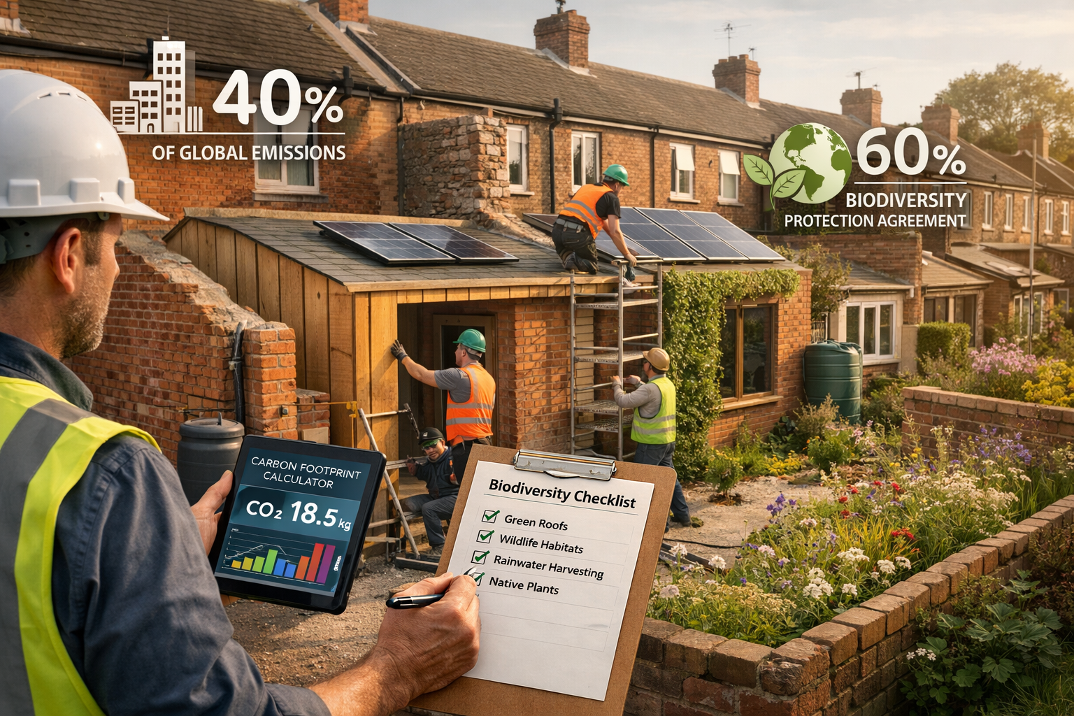 Detailed () image showing modern UK residential street scene with multiple properties undergoing sustainable extensions,