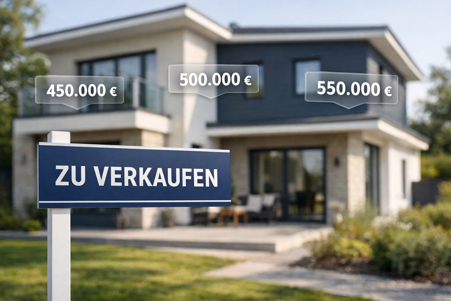 Professional () editorial hero image showing a modern German residential property exterior with a prominent 